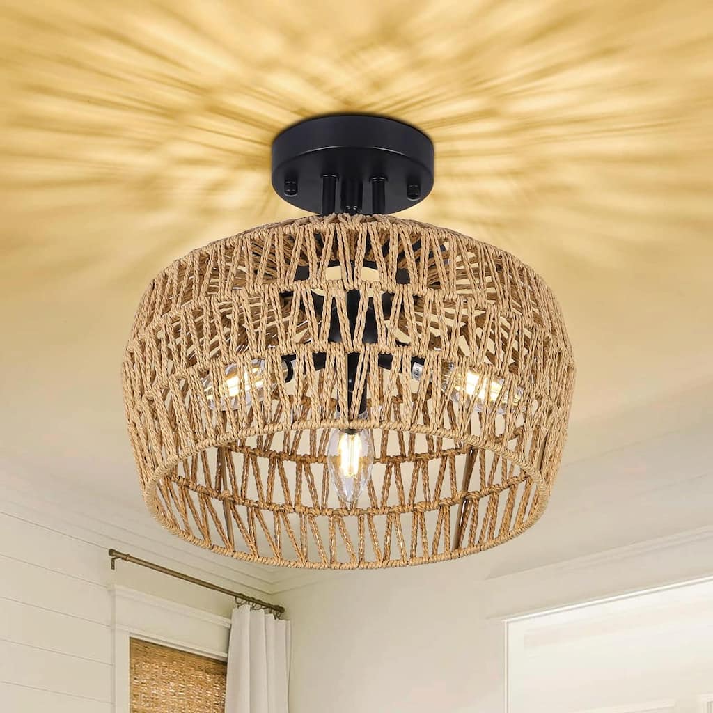 Boho Rattan Semi Flush Mount Ceiling Light - 3-Light, 360° Ample Light, E12 Socket