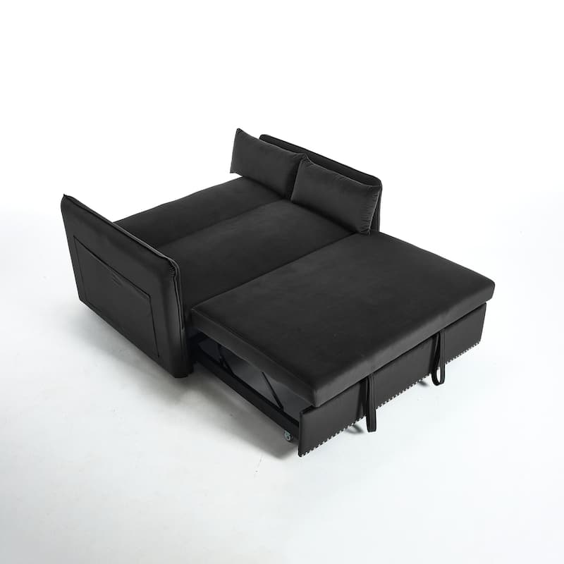 Small Convertible Sofa Bed, 55" Velvet Loveseat Couch with Pull-Out Bed, Pillows, Adjustable Backrest & Side Pockets