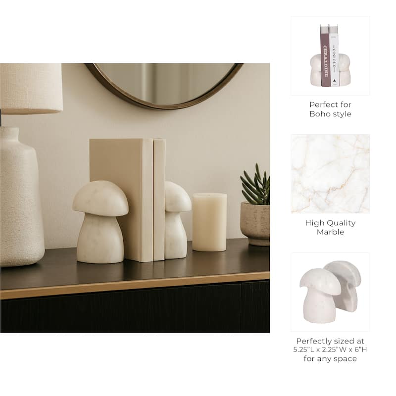 Decorative Marble Mushroom Bookends - Set of 2, 6", White - 6.0"