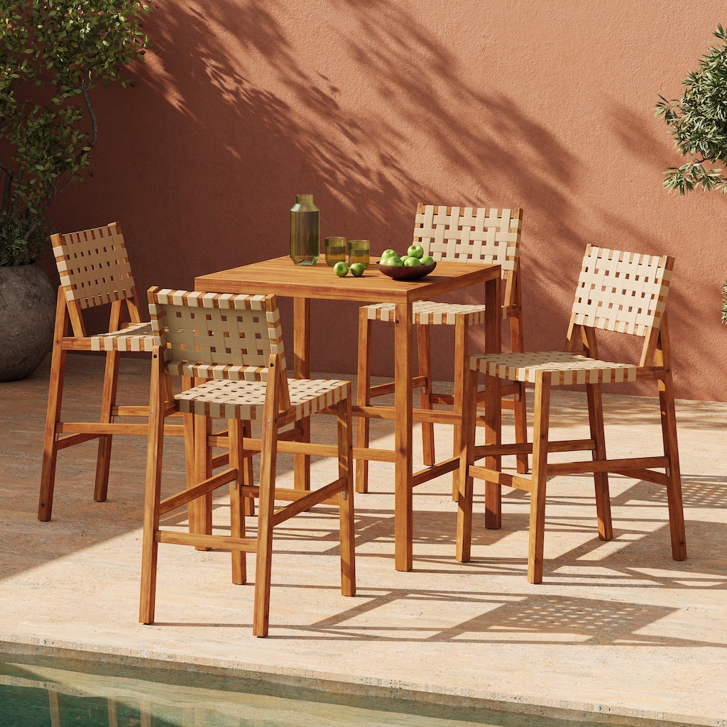 Christopher Knight Home - Solvanta Modern Solid Wood Outdoor 5-Piece Bar Height Dining Set with Rope Woven Bar Stools