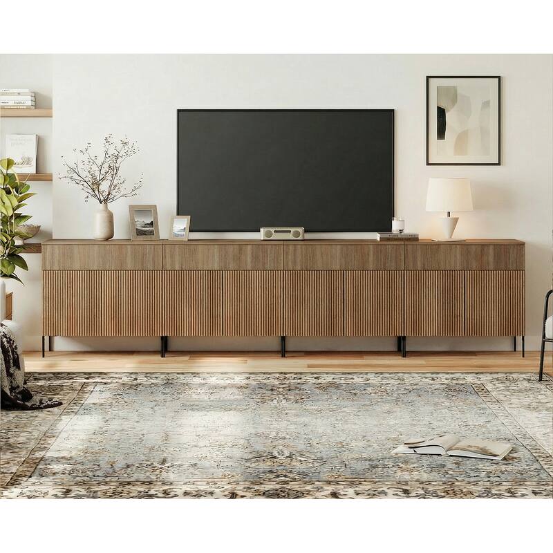 31.5" Modern Reeded TV Stand With Doors, Entertainment Center With Shelf, Wooden TV Console - 4PCS - Walnut