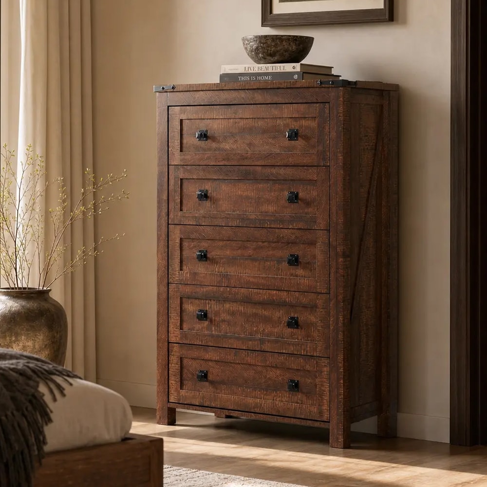 dark brown tall dresser Homfa 5 Drawer Dresser, Chest of Drawers Storage Cabinet for Bedroom Living Room, solid wood large and tall dresser is echoed in its dimensions and beautiful finish Brown Vertical Chest Dressers -