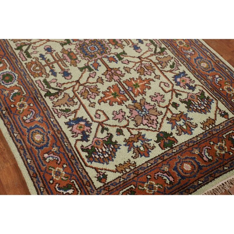 Light Green Heriz Serapi Indian Accent Rug Handmade Wool Carpet - 3'10" X 6'3"