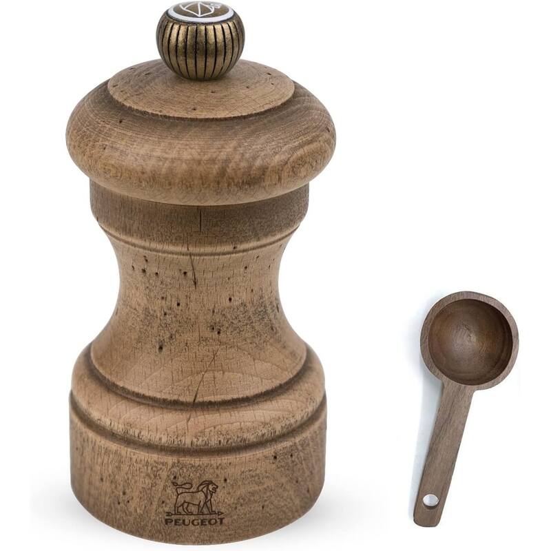 Peugeot Bistro Antique Distressed Beechwood 4- inch Salt Mill, With Wooden Spice Scoop - Brown - 2 Piece
