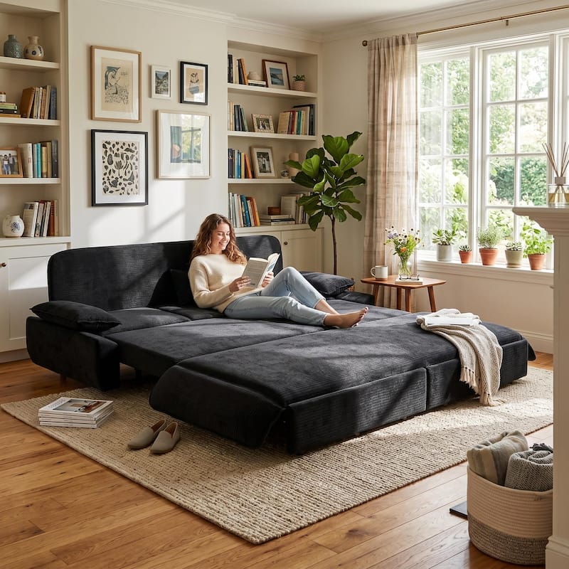 Homy Casa 73.2''/94.5" Queen/King Pull Out Sofa Bed, 3-in-1 Corduroy/Velvet Sleeper Couch