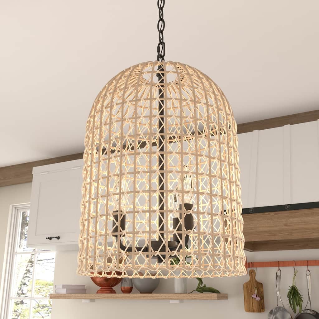 3-Light Dimmable Dome Pendant Light Rope Chandelier with Black Metal Chain