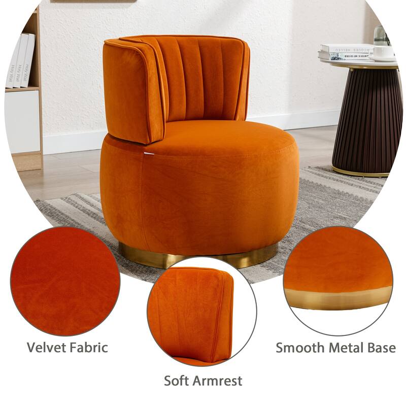 A round armchair with a 360 degree rotating bucket width cushion