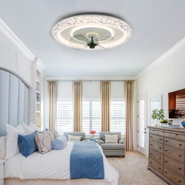 Bella Depot 20" White Modern Flush Mount Ceiling Fan,6- Speed Low Profile Crystal Ceiling Fan with Remote and Dimmable Light