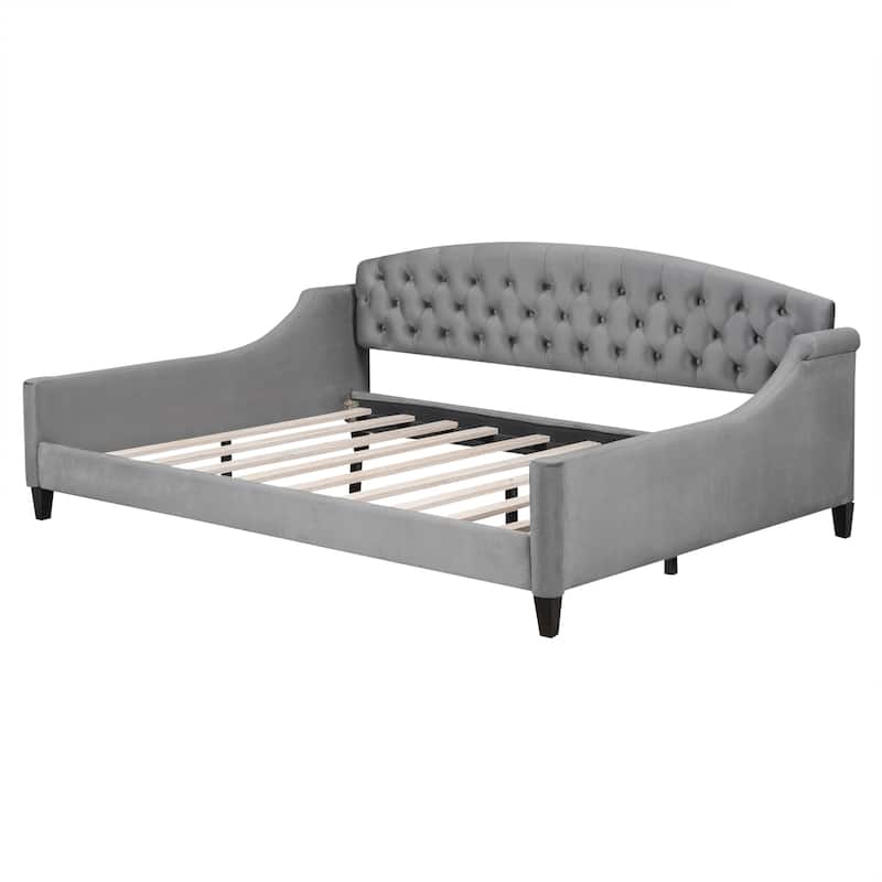 Gray Full Velvet Daybed with Button Tufted Backrest