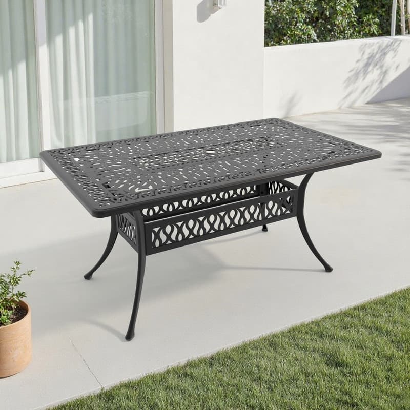 58.27" x 34.65" Outdoor Patio Rectangular Cast Aluminum Dining Table with Umbrella Hole for 6 Person
