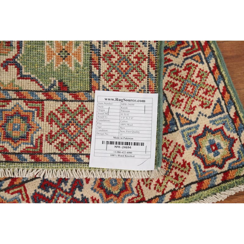 Green Kazak Accent Foyer Rug Hand-Knotted Wool Carpet - 2'0"x 3'0"