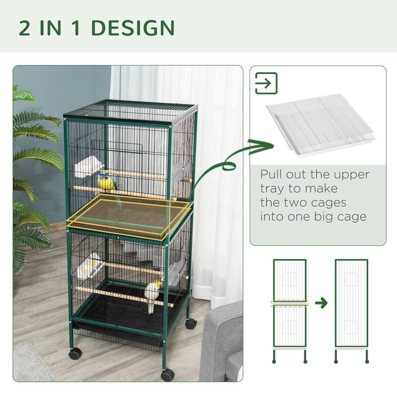 Large Bird Cage with Wheels, Pull-Out Tray, and Perches - 20.5" W x 19.75" D x 55" H