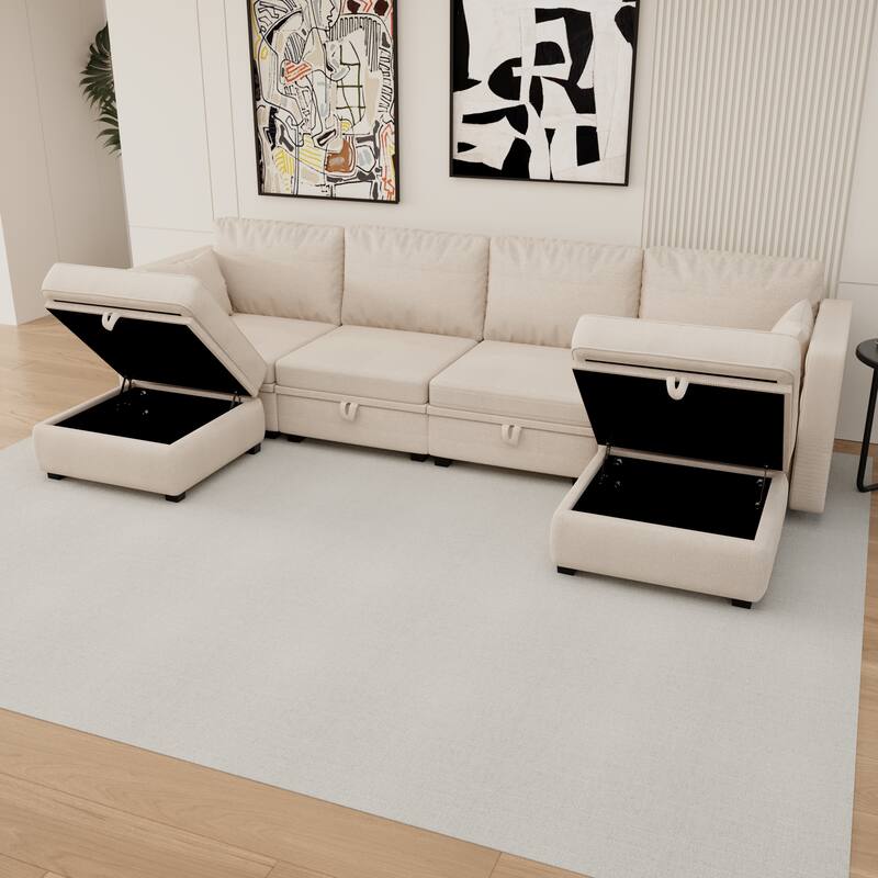 6-Seat U-Shaped Modular Reversible Sectional Sofa with Storage Ottoman - Beige