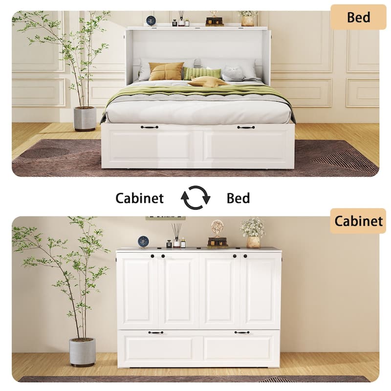 Murphy Bed Cabinet with Charging Port and Storage Drawer, White