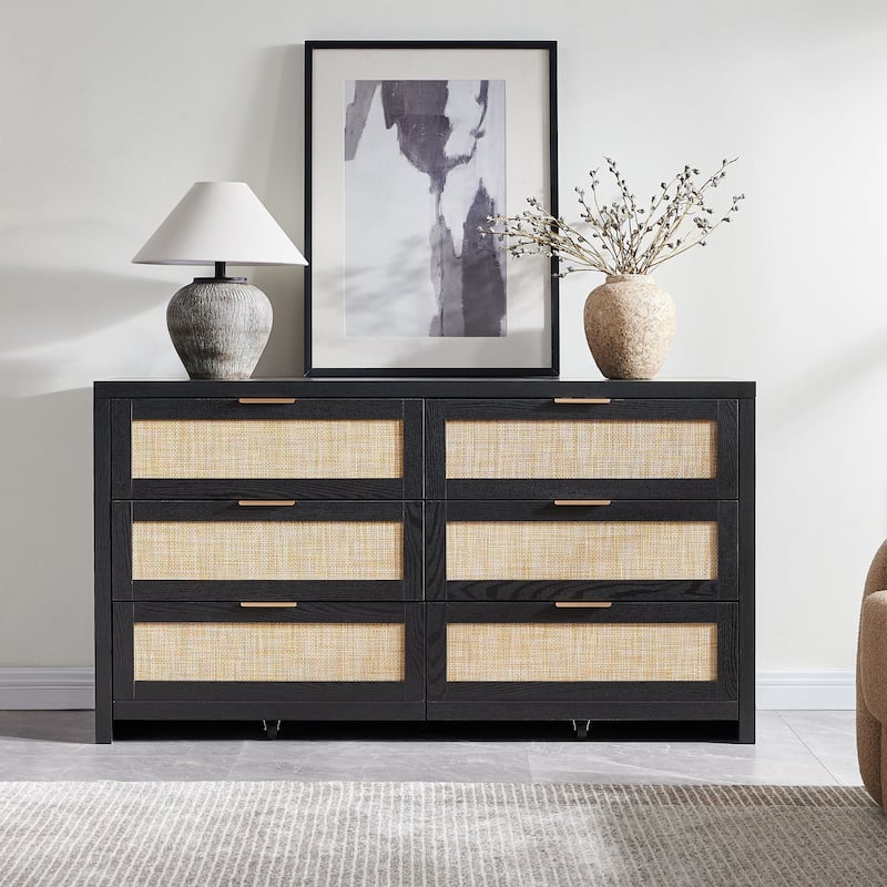 Elegant Right Angled Dresser with 6 Rattan Woven Drawers