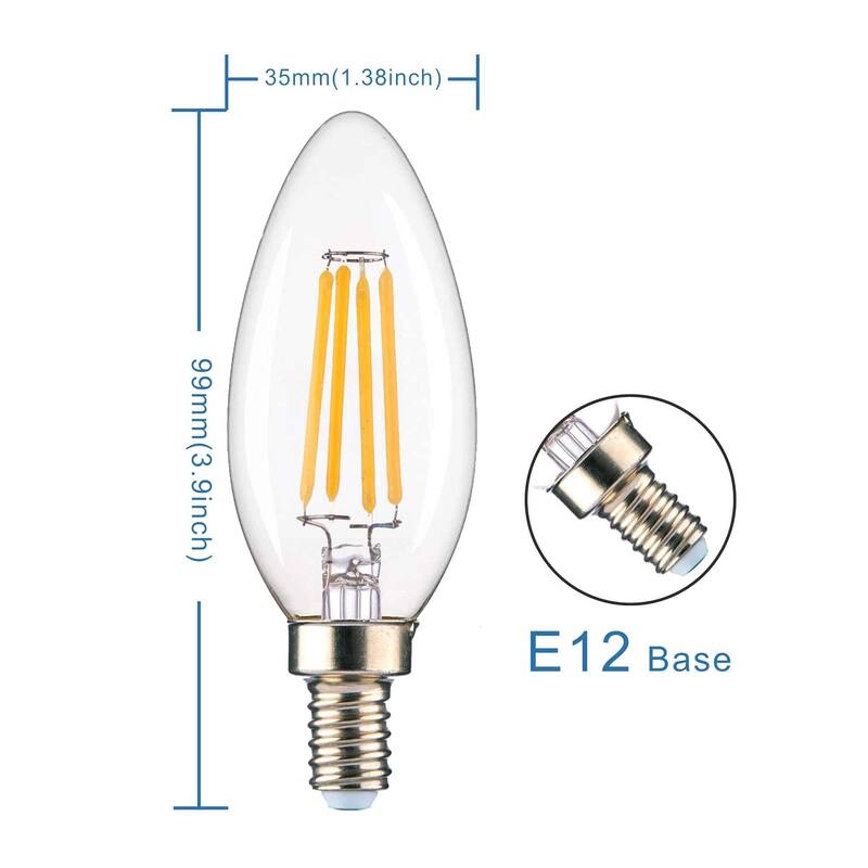 Acroma 4 Watt (40 Watt Equivalent), C11 LED, Dimmable Light Bulb, Warm White ( 2700K) E12/Candelabra Base (Set of 12)-UL - Clear