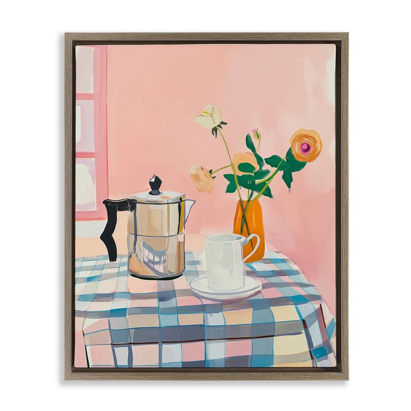 Stupell Pink Retro Kitchen Table Framed Floater Canvas Wall Art Design By Arlington Prints - 17 x 21 - Brown