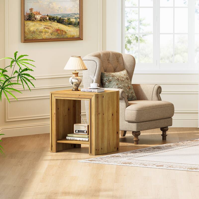 Solid Wood End Table, 2-Tier Side Table with Storage Shelves, Nightstand for Living Room, Bedroom