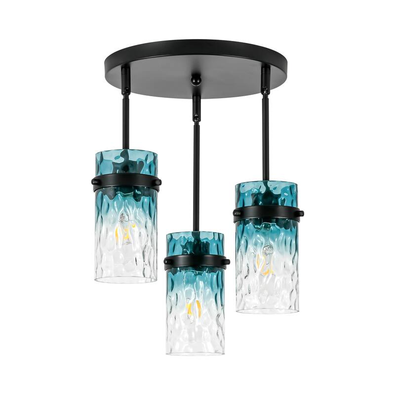 1/3-Light Coastal Matte Black Adjustable Pendant Light with Gradient Blue Hammered Cylinder Glass for Kitchen Island