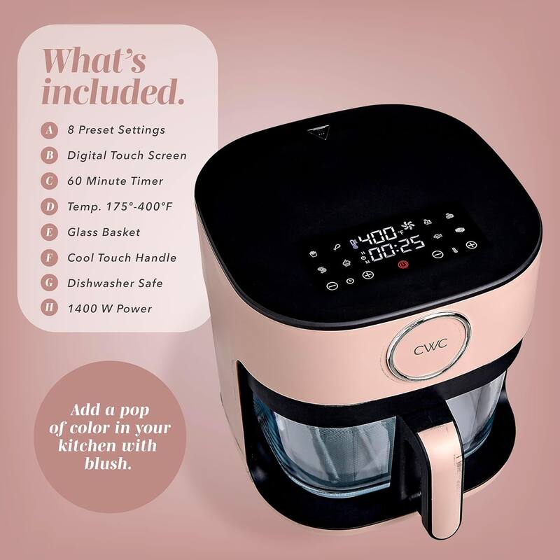 COOK WITH COLOR 1200W Air Fryer: Glass Basket, Dishwasher Safe, 60min Timer, 6 Presets, Temp Control 175F-400F, 4 - 5.5 QT