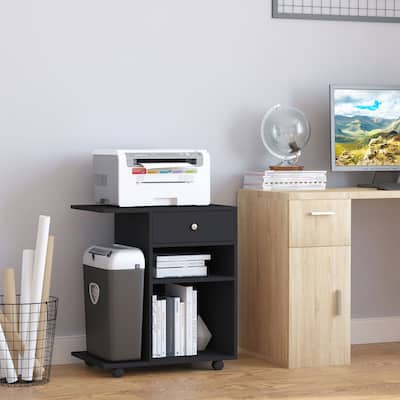 Modern Drawer Printer Stand with Adjustable Shelf and CPU Storage with Rolling Wheels for Office