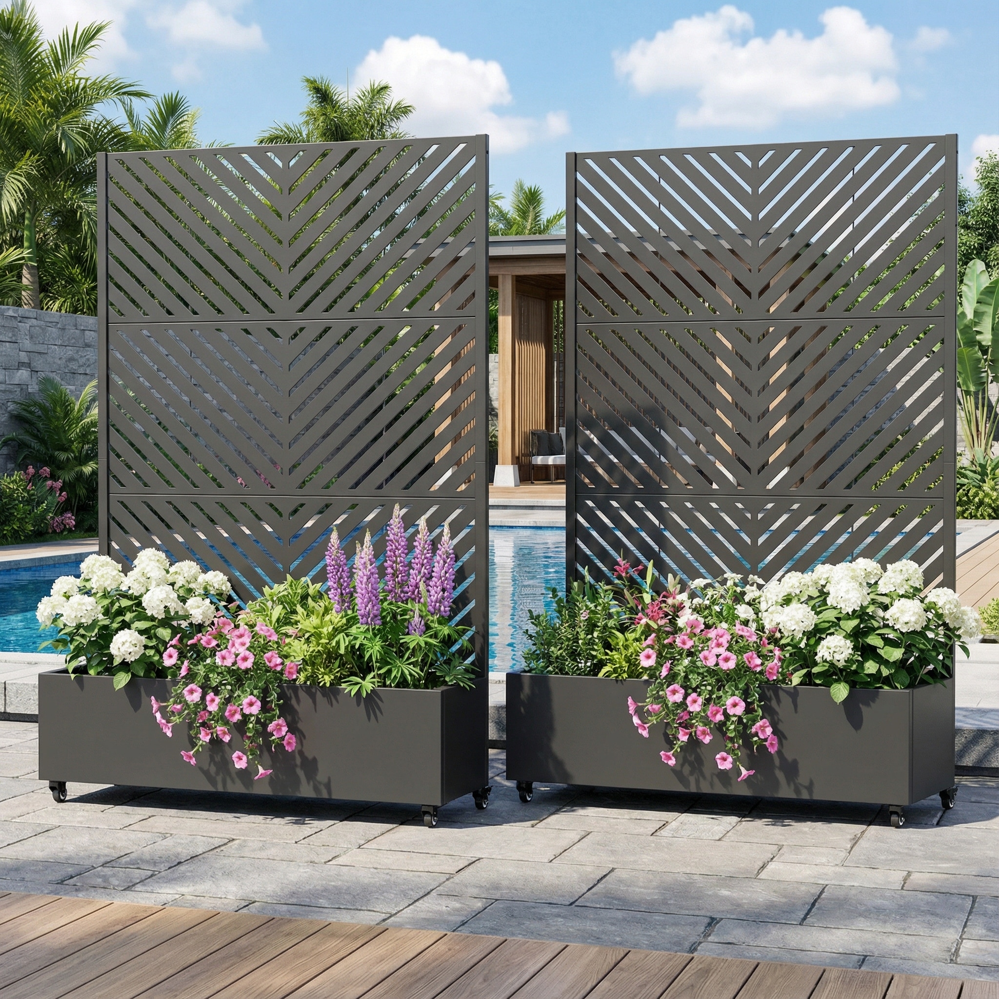 Outdoor Planters Metal Planter Box with Trellis with Wheels(Set of 2)