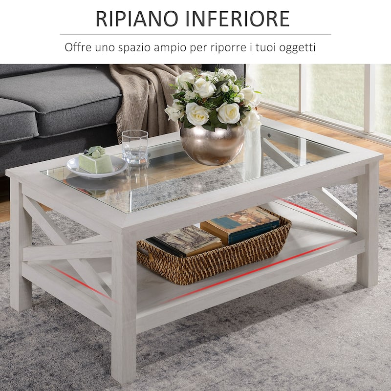 HOMCOM Traditional Coffee Table with Wood Frame, Tempered Glass Tabletop and Underneath Storage Shelf, White Oak