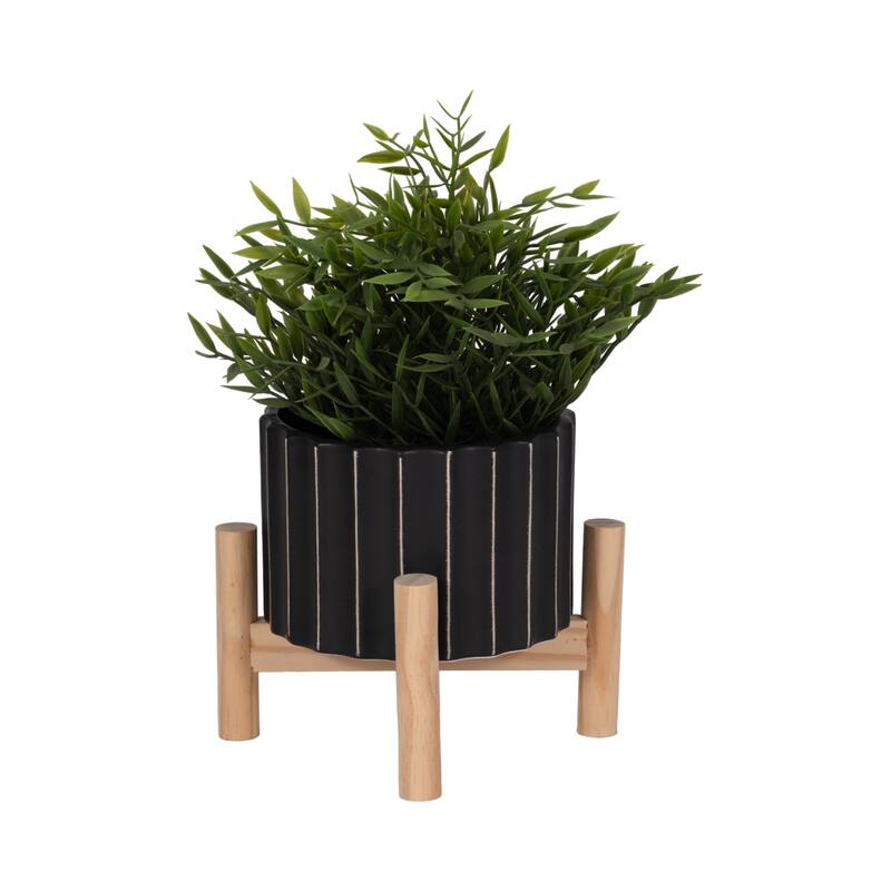 Ceramic Fluted Planter with Wood Stand - Black