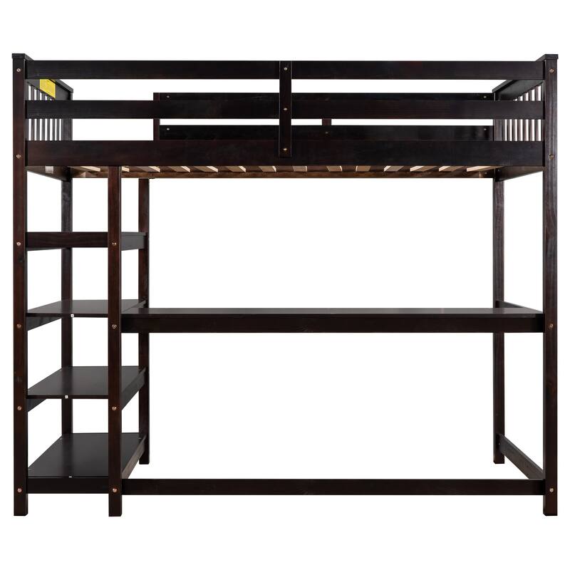 Twin Size Loft Bed with Storage Shelves and Under-bed Desk in Espresso