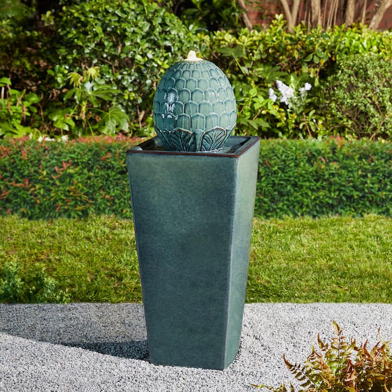 36"H Oversized Artichoke Pedestal LED Ceramic Fountain by Glitzhome - Green
