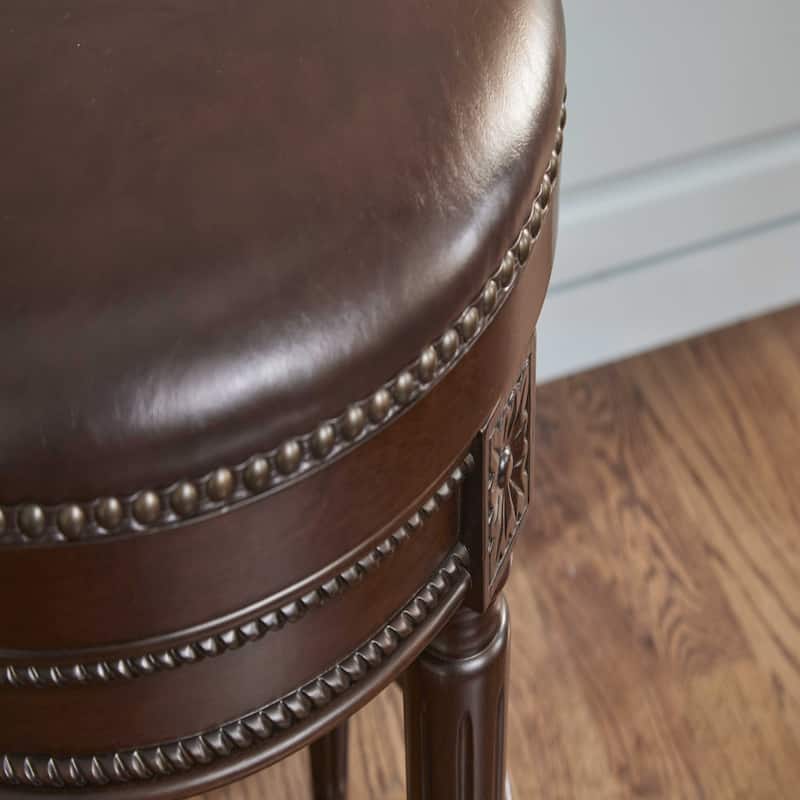 Brown Wood Frame Swivel Counter Bar Chair with Faux Leather Round Seat