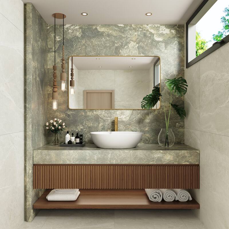 Solid Surface Vessel Bathroom Sink with Pop-Up Drain and Drain Hose, Modern Above Counter Wash Basin with Center Drain