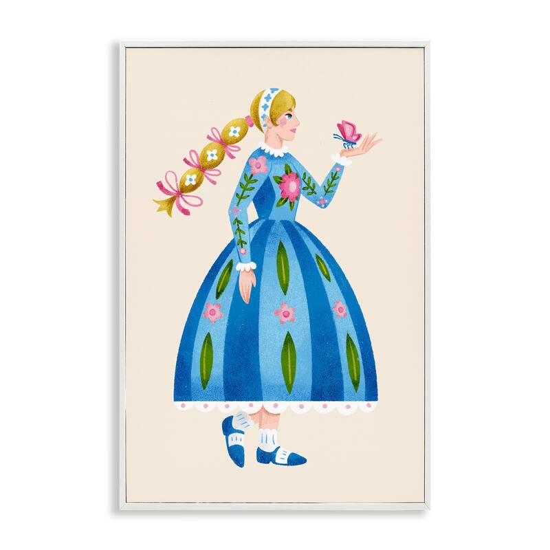 Stupell Blonde Folk Girl & Butterfly Framed Giclee Art Design By Hannah Moren - 12 x 18 - White
