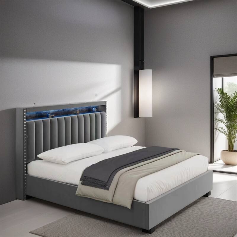 Full Size Velvet Platform Bed with LED Lights and Storage Headboard