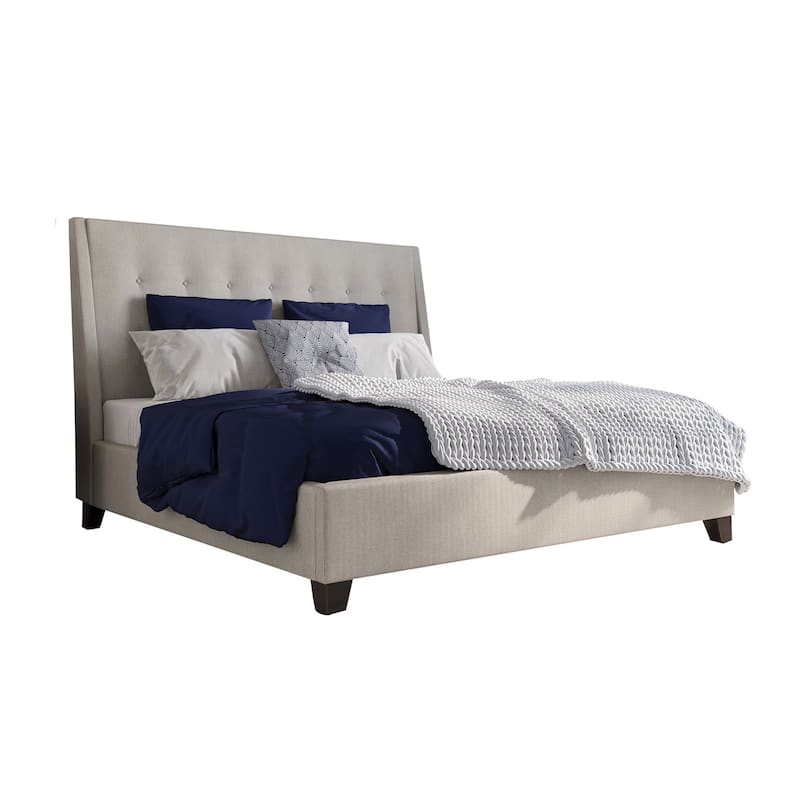 Atina California King Platform Bed, Button Tufted Beige Linen Upholstery