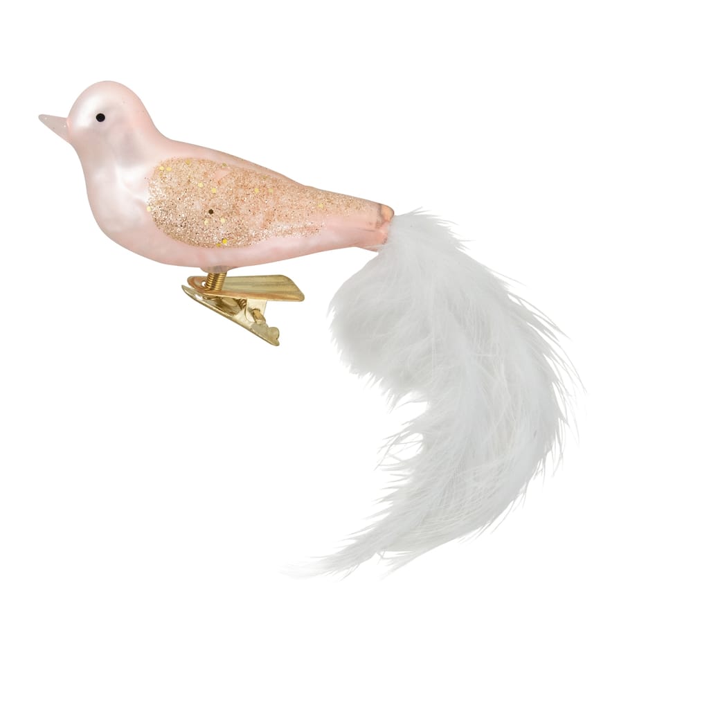 Glitter Winged Bird with Tail Clip-On Glass Christmas Ornament - 5.5" - Pink and Gold