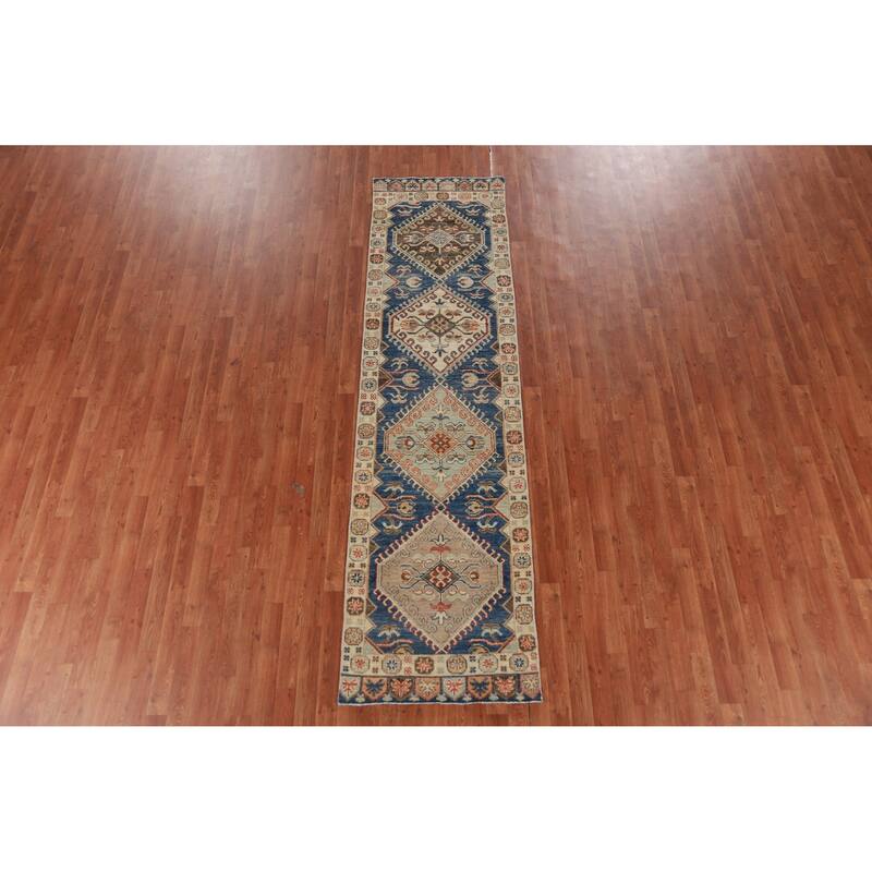 Hand Knotted Oriental 100% Wool Carpet Transitional Geometric Navy Blue & Blues Oushak Runner Rug - 9' 11'' X 2' 7''