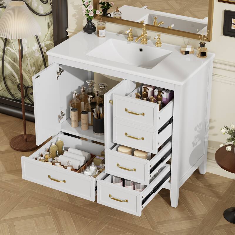 36" Bathroom Vanity with Sink, Bathroom Cabinet with Soft-Closing Door, 4 Drawers of Different Sizes, Solid Wood Frame and Leg - White