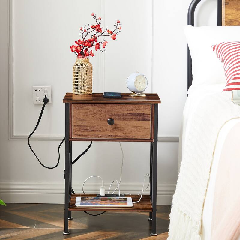 Javlergo 1-Drawer Nightstand with Charging Station and Storage Shelf