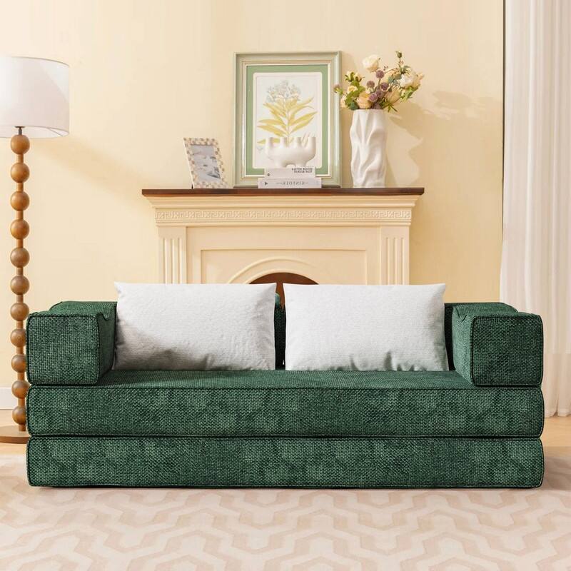80" Convertible Couch Bed with Removable Cushions and Pillows, 3-Seat Folding Floor Couch & King Size Bed Mattress - Green