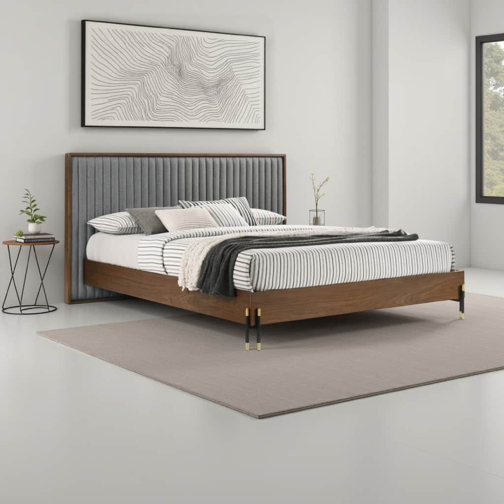 Noe Sia King Size Platform Bed, Channel Tufted Upholstery, Gray, Brown