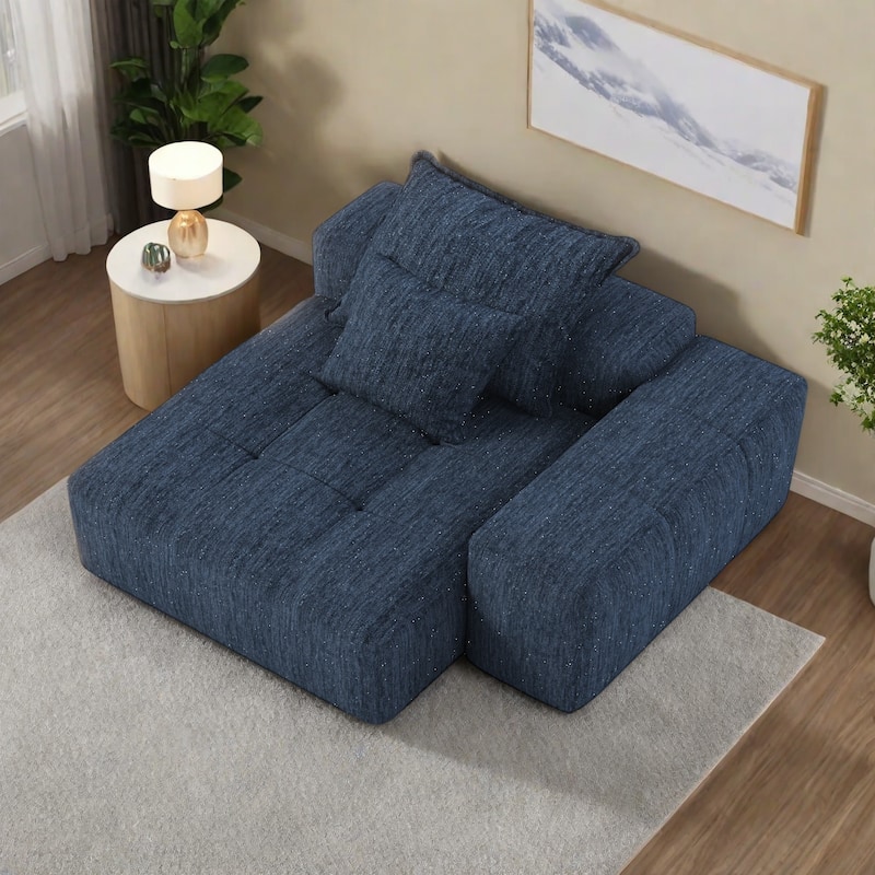 56.7" Foam 2-Seater Sofa Block Sofa with 2 Pillows for Living Room and Bedroom - Blue