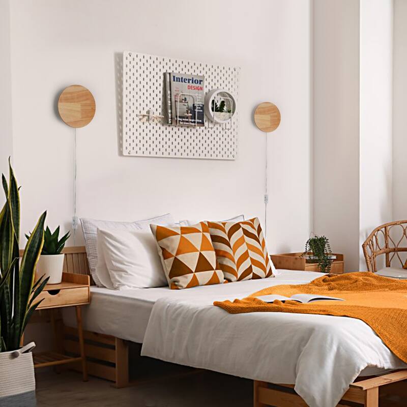 Modern Minimalist Wall Sconces, Round Wood LED Wall Lamp, Warm White Brightness Wall Light Fixtures for Bedroom - Yellow