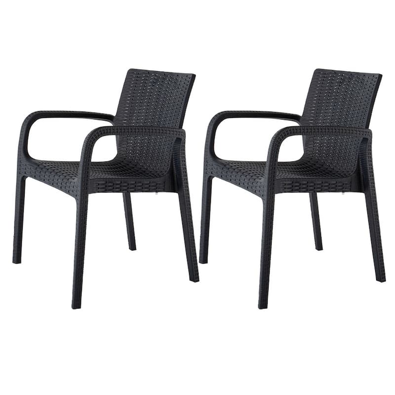 HomeRoots Set of Two Black Faux Rattan Heavy Duty Plastic Outdoor Stacking Arm Chairs