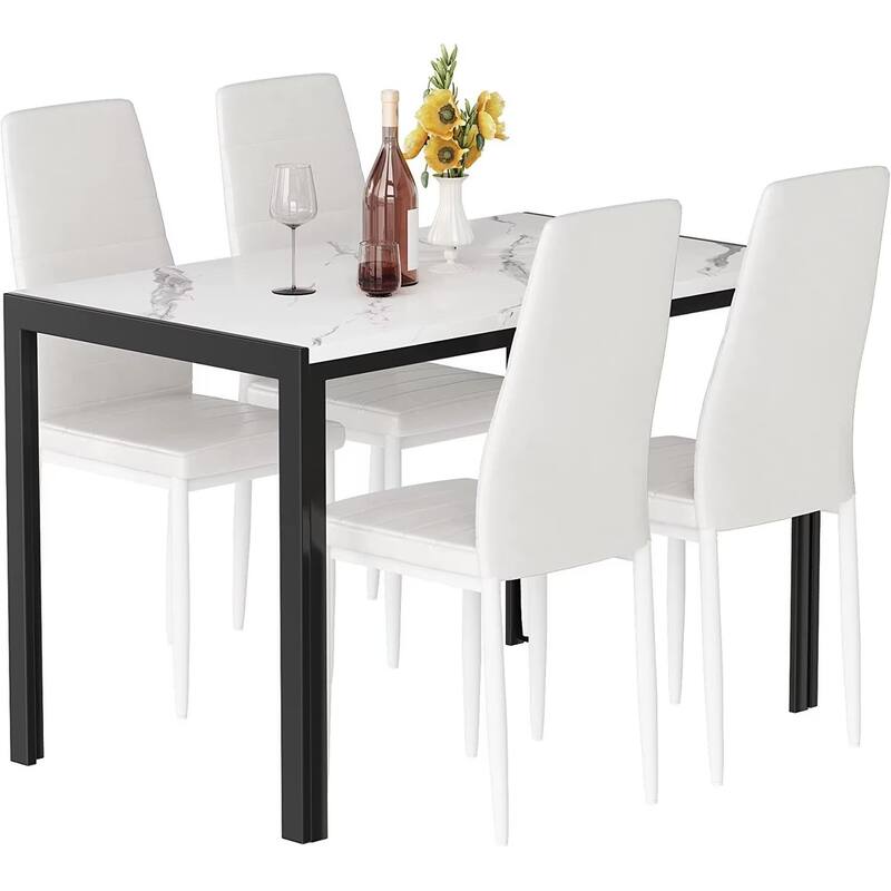 Eureka 5 Piece Modern Faux Marble Dining Set, Kitchen Table Set with 4 Upholstered PU Leather Chairs, Dining Table Set