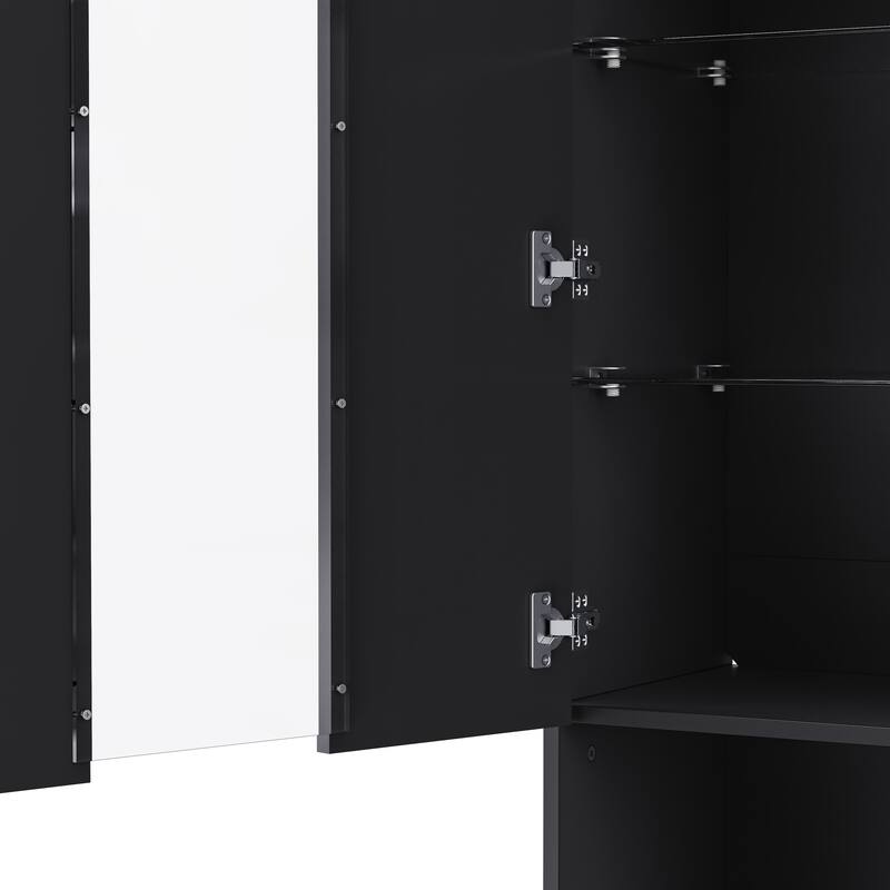 LED High Gloss TV Stand Display Cabinet Set with Glass Shelves, 111" TV Media Storage Console with Electric Fireplace