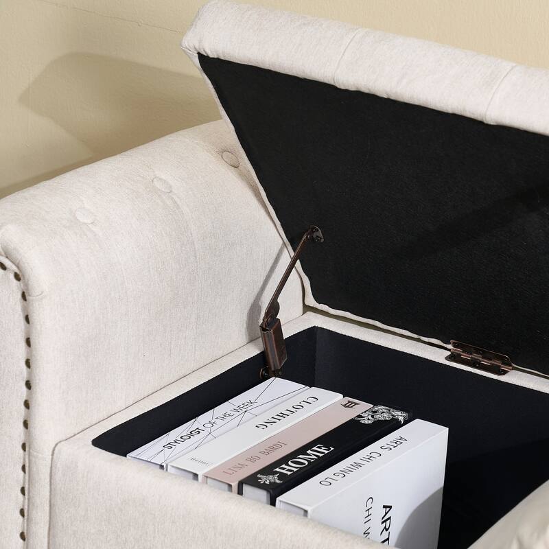 Upholstered Storage Ottoman Bench - Button Tufted Linen Ottoman with Hidden Storage for Living Room or Bedroom