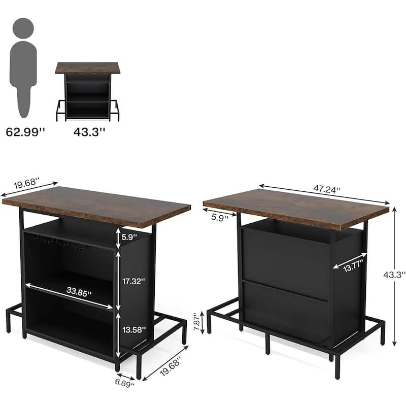 48"x 20"Industrial Home Bar Unit with 3-Tier Storage & 4 Wine Glass Racks - Rustic Pub Table, Liquor Bar Cabinet with Footrest