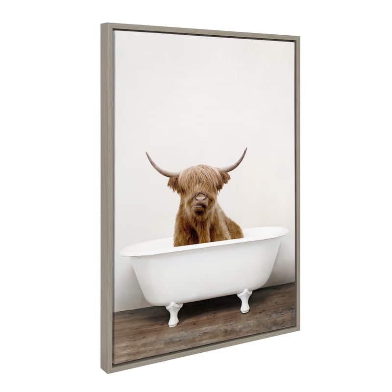 Kate and Laurel Sylvie Highland Cow Tub Framed Canvas by Amy Peterson - 23x33 - Plastic - Grey