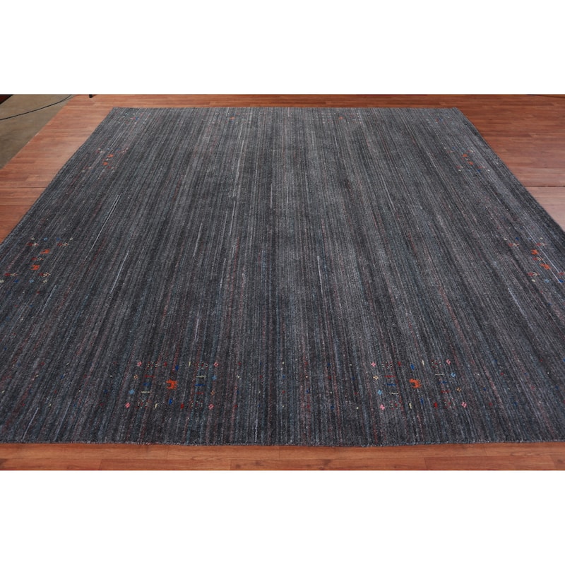 Hand Knotted Oriental 100% Wool Carpet Tribal Stripe Greys & Charcoal Gabbeh Area Rug - 9' 6'' X 9' 9''
